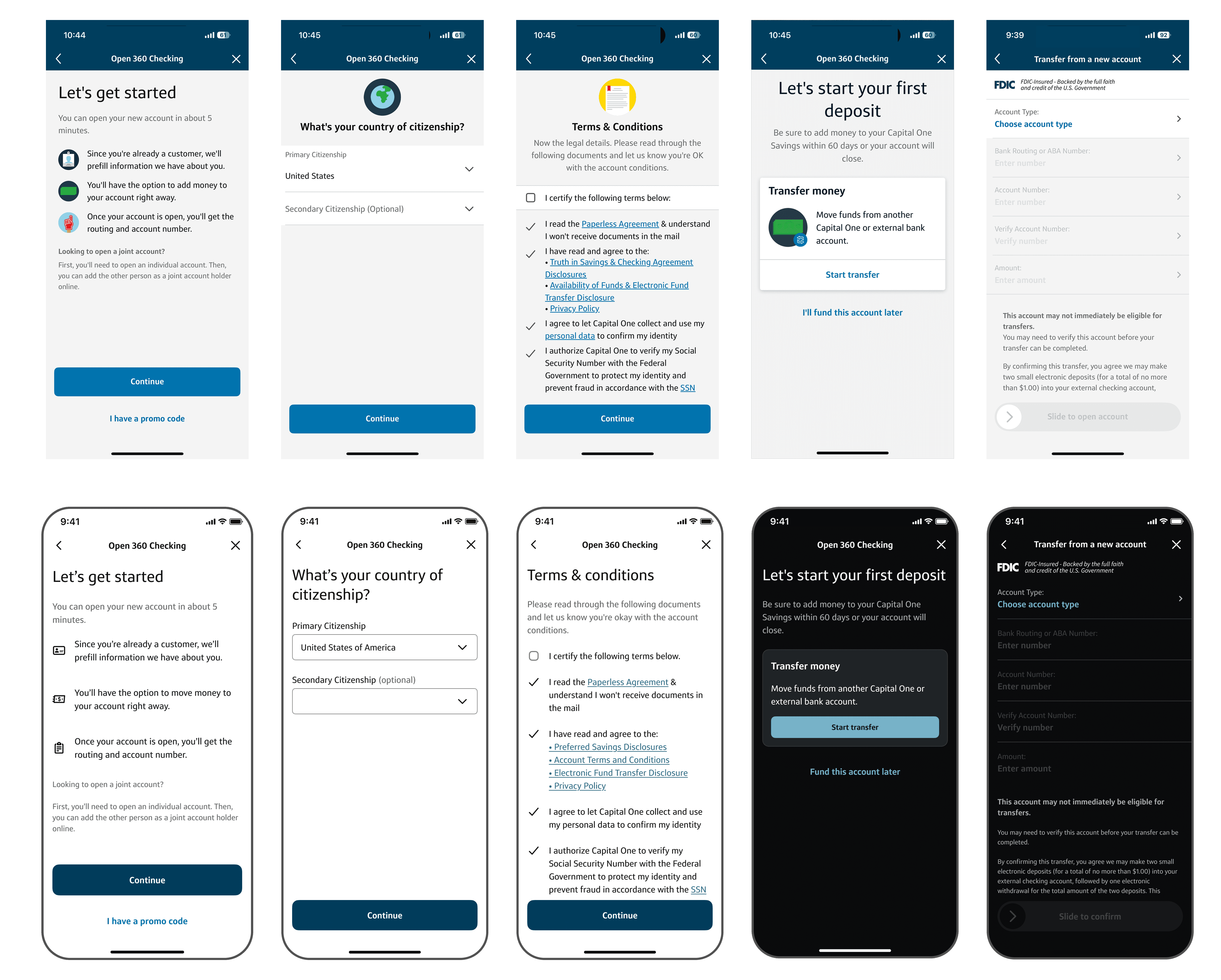 Old vs. new Bank Apply screens, including new dark mode