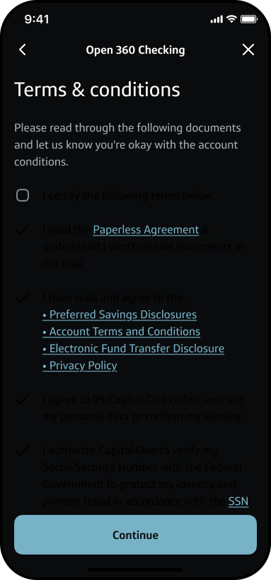 Legacy account opening screens with dark mode enabled, showing illegible text