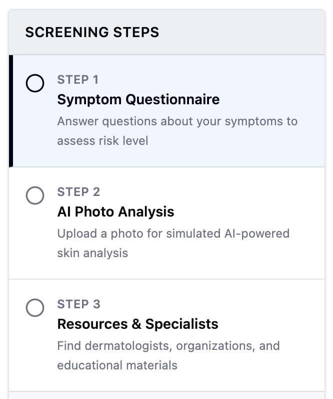 HS screening prototype: three-step flow — symptom questionnaire, AI photo analysis, resources and specialists