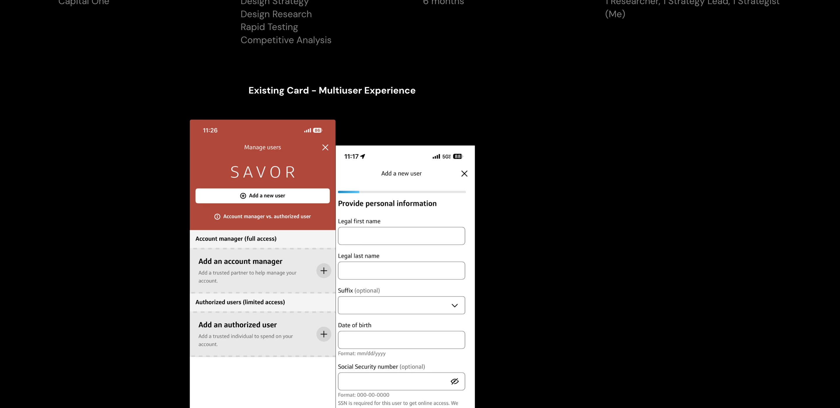 Existing Savor card multi-user experience: Manage users and Add a new user flows